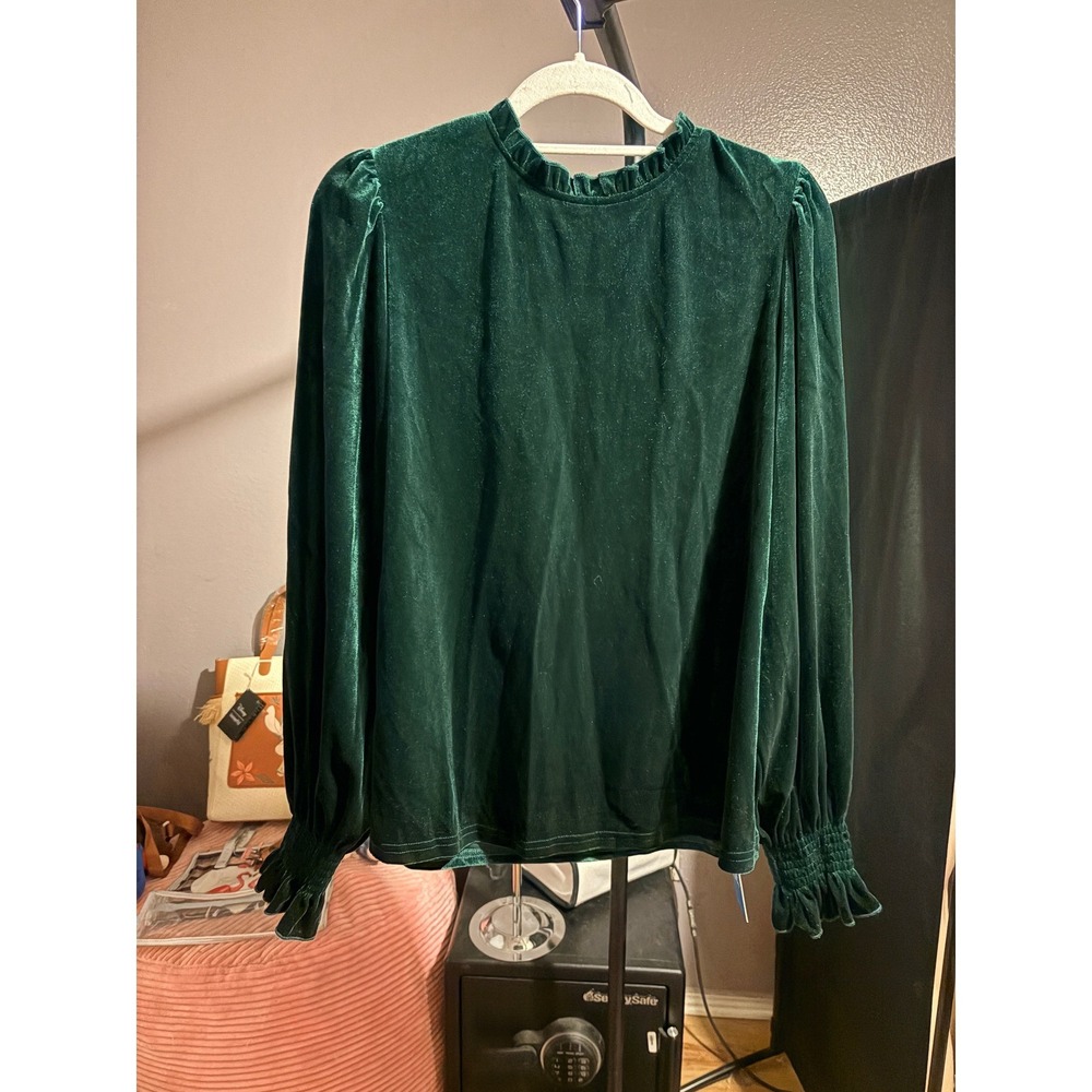 Cupshe Womens XL Emerald Green Velvet Ruffle Mock Neck Smocked Cuff Blouse NEW
